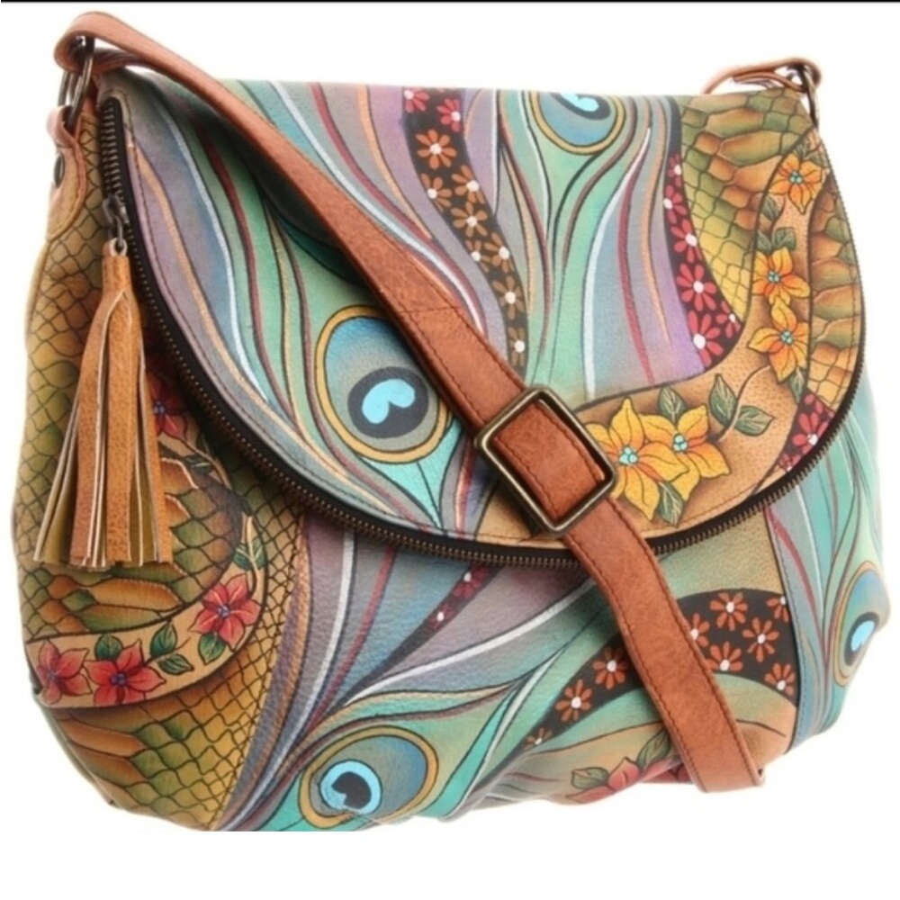 Anuschka Teal Peacock Feather Shoulder Bag with Floral Accents